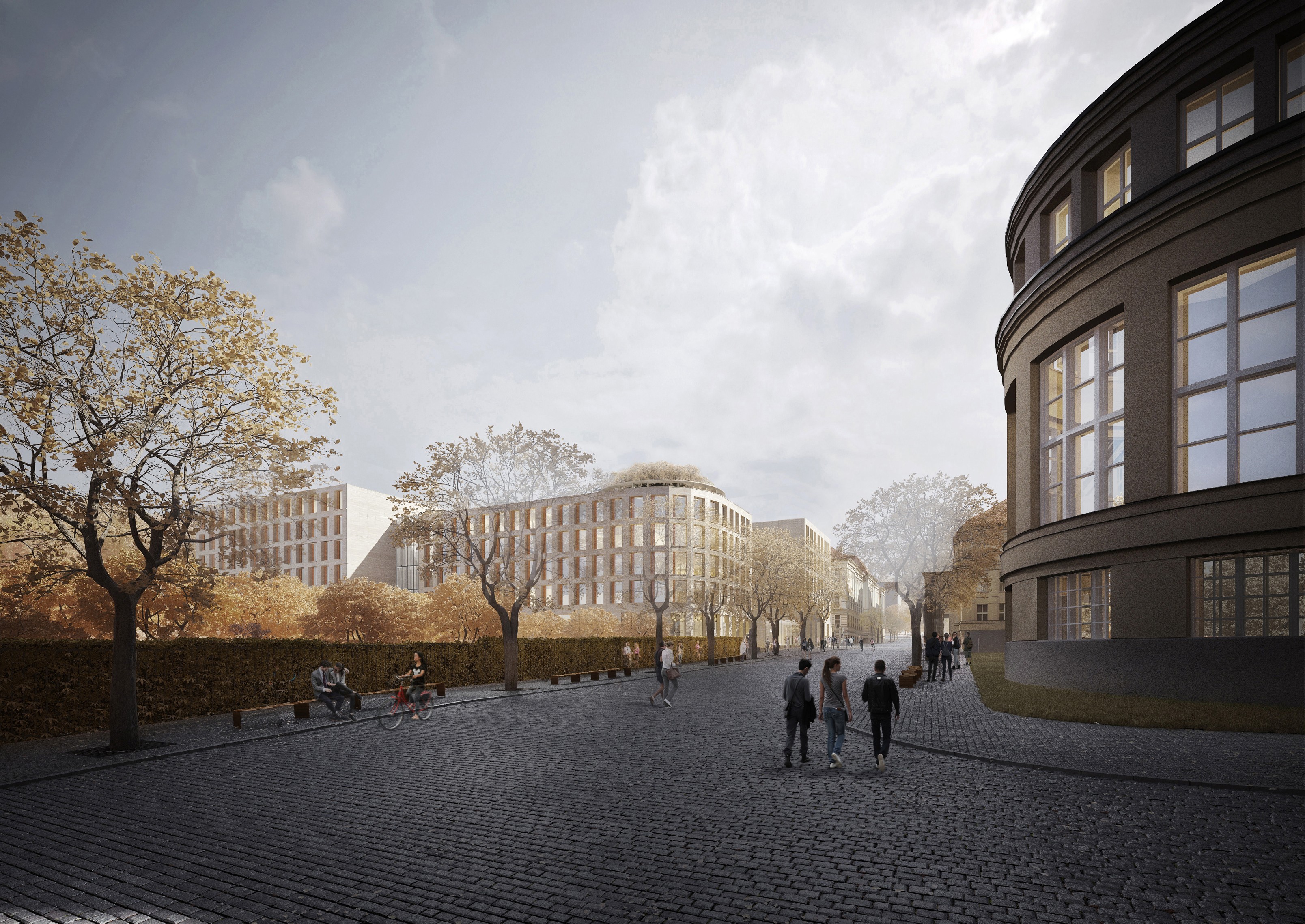 centrální třída Albertov se stávající budovou Purkyňova ústavu po pravé, a novou budovou Biocentra BCA po levé straně