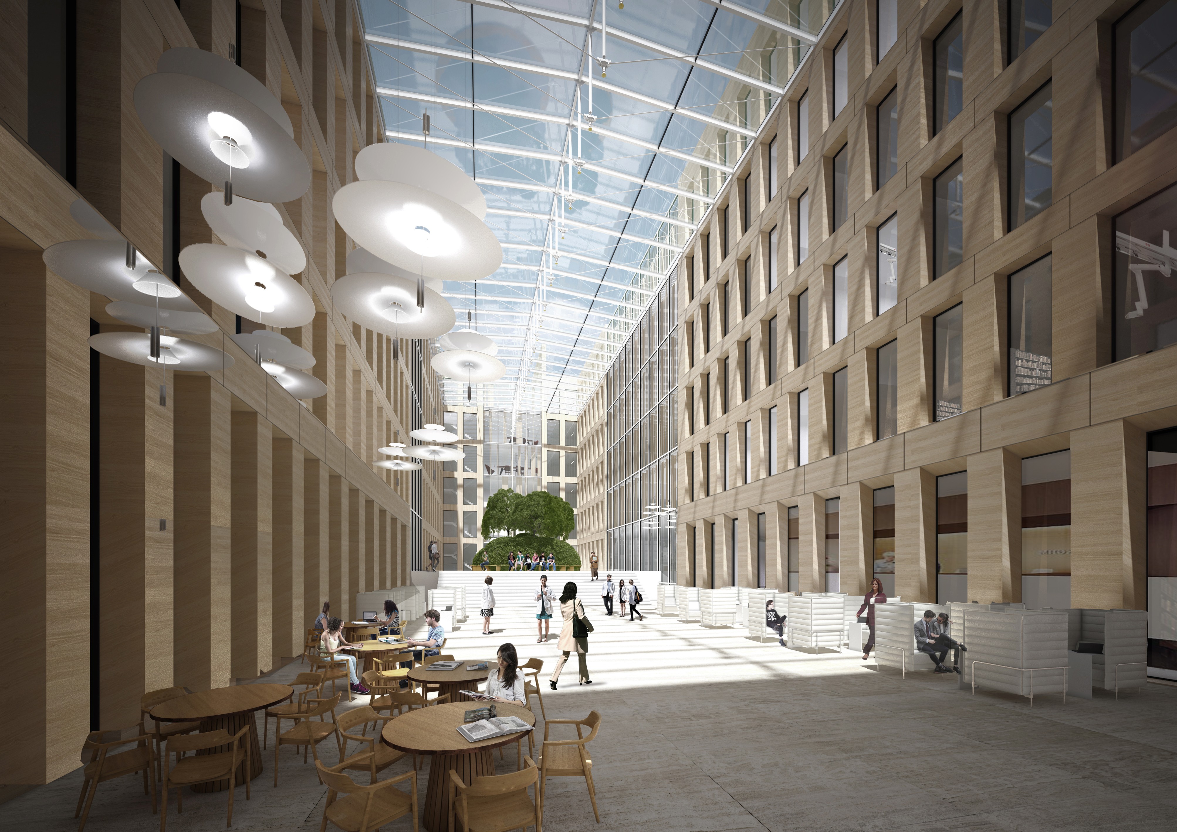 Centrální atrium má podobu zastřešeného exterierového prostoru - dvorany. Je to kryté uliční korzo - jeviště civilního života - obklopené strohými a krásnými budovami.