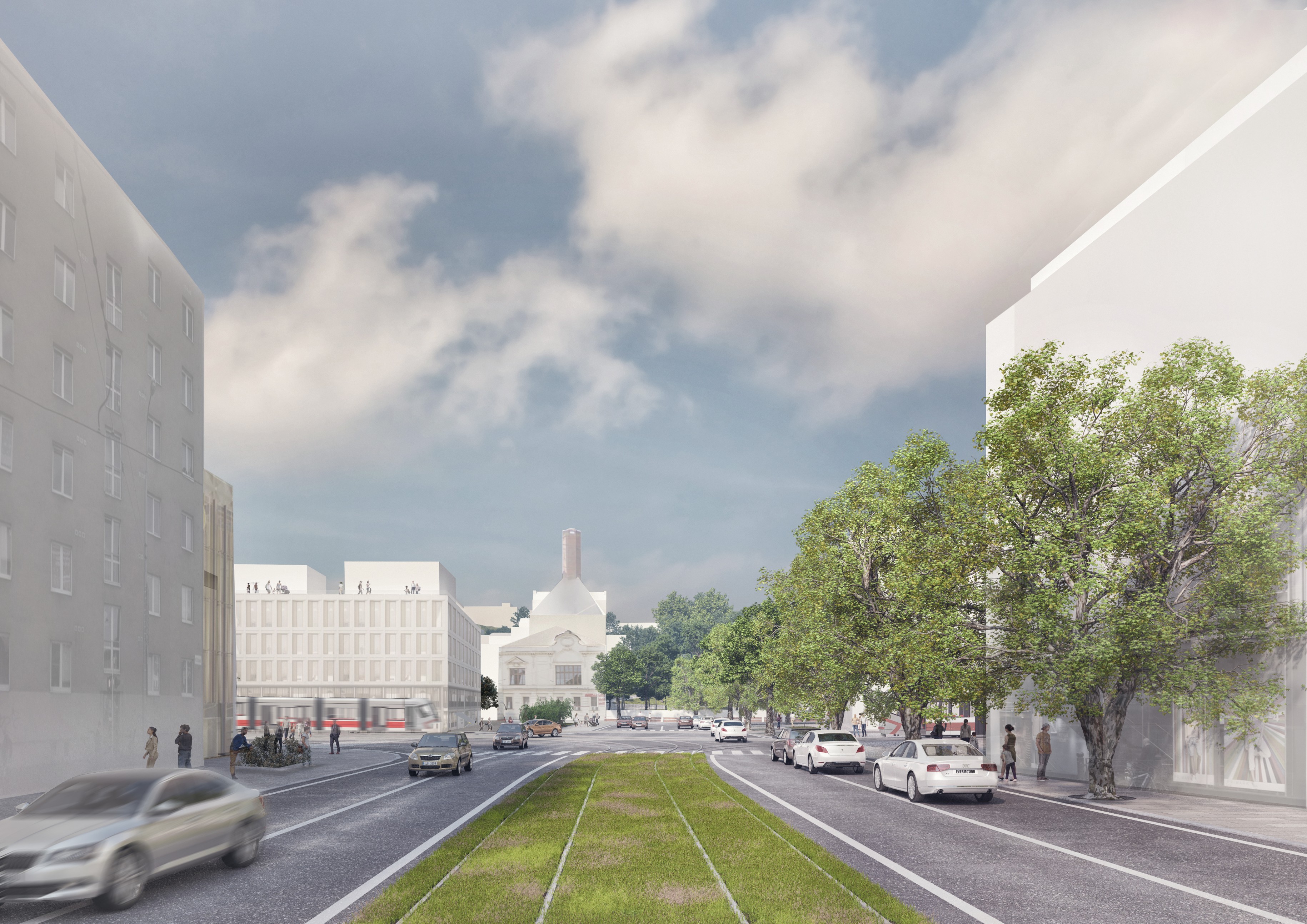 Pohled boulevardem Křížová k Pivovaru Starobrno, po levé straně je navržena polyfunkční budova.